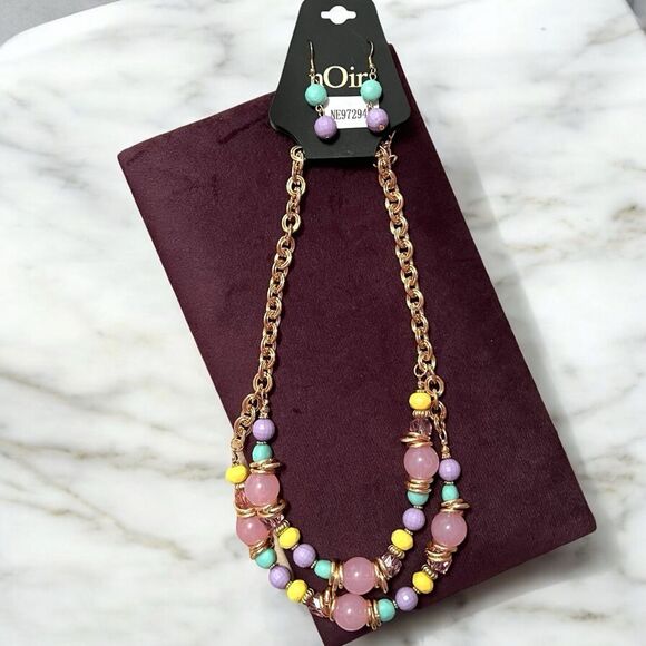 nOir Colorful Beaded Gold Tone Necklace and Earring Set - Picture 4 of 4